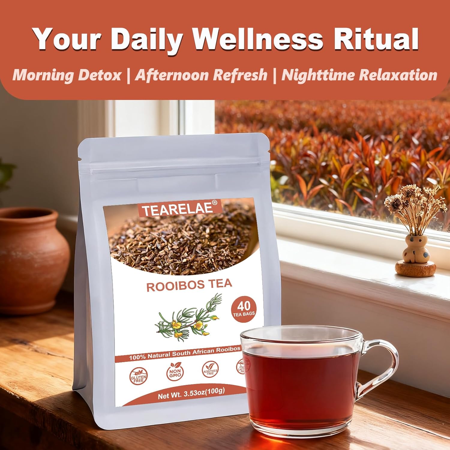 TEARELAE - Rooibos Tea Bags, 40 Count - Premium Natural Rooibos Red Tea - Caffeine-Free Herbal Tea from South Africa - Non-GMO - Perfect for Relaxation & Comfort