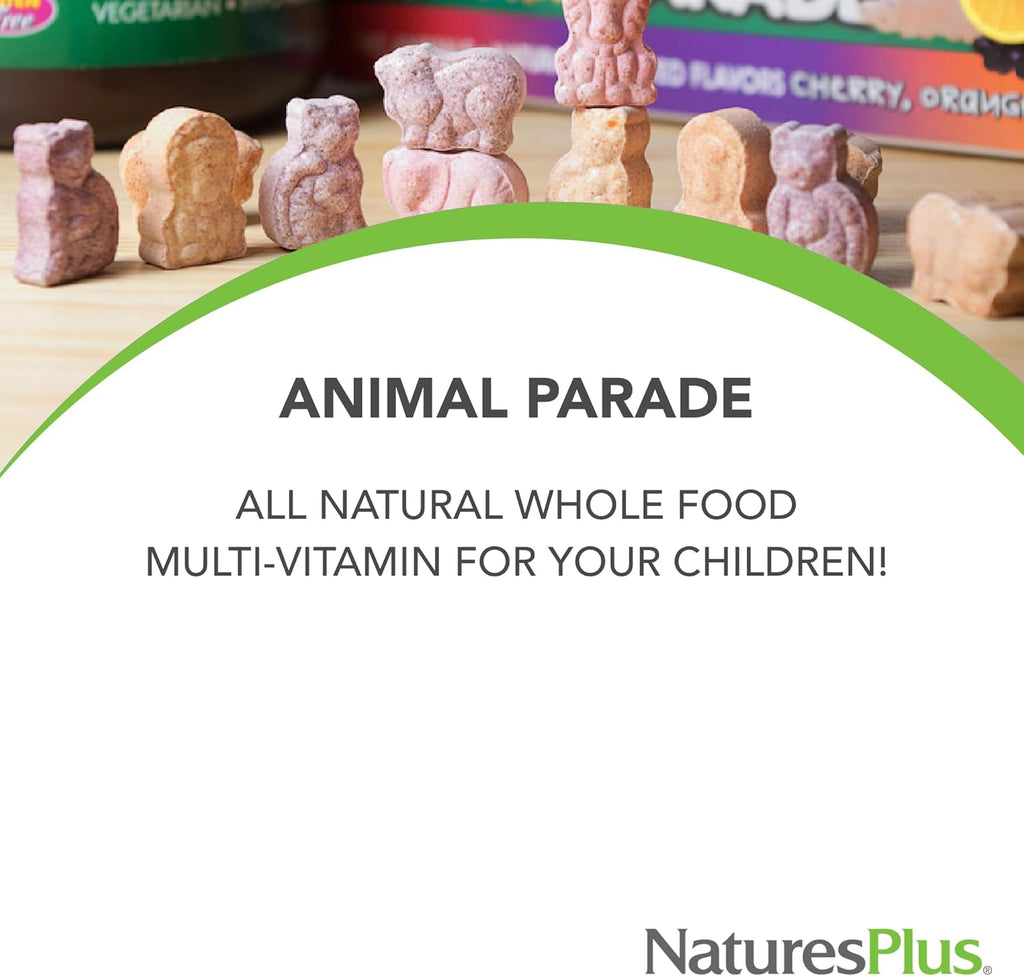 Natures Plus Animal Parade Gold Children's Multivitamin - Assorted Cherry, Orange & Grape Flavors - 60 Chewable Tablets, Pack of 2 - Vegetarian, Gluten Free - 60 Total Servings
