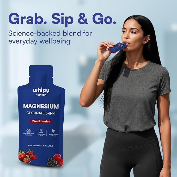 Liquid Magnesium Glycinate On The Go 3 in 1 Magnesium Citrate Liquid, Malate, Liquid Magnesium Supplement to Supports Sleep, Calm, Muscle Recovery, Energy & Fast Absorbing Travel Friendly15 Sachets