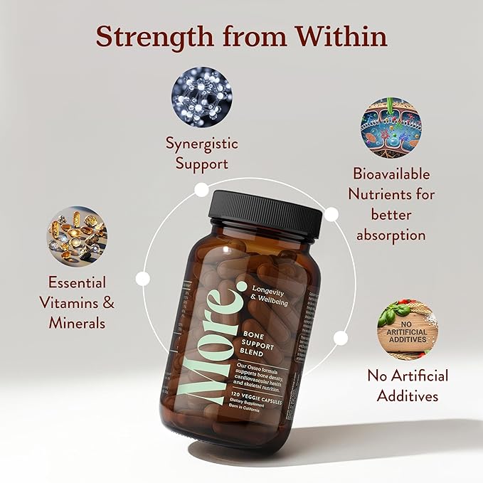 More. Longevity & Wellbeing Premium Calcium Supplement - Bone Strength Supplements with Magnesium, Vitamin D3 + K2 & Zinc for Bone Health Support - 4 Capsule Daily - Easy to Swallow - 120 Capsules