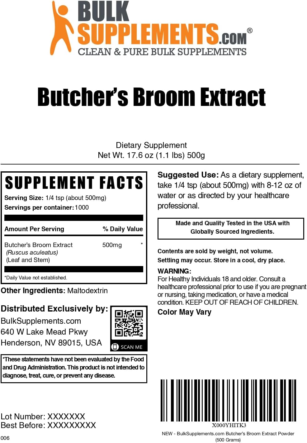 BulkSupplements.com Butcher's Broom Extract Powder - Butchers Broom, Herbal Supplement - Vegan & Gluten Free, 500mg per Serving, 500g (1.1 lbs) (Pack of 1)
