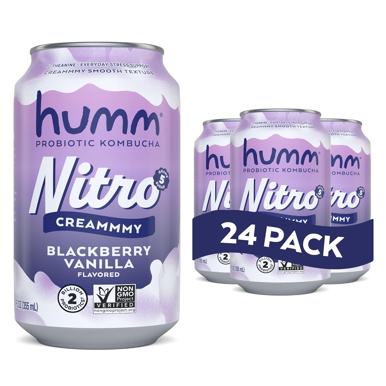 Humm Nitro Kombucha Blackberry Vanilla, Creamy Smooth Probiotic Drink with L-Theanine, Non-GMO, Vegan, Gluten Free, 12 fl oz (Pack of 24)