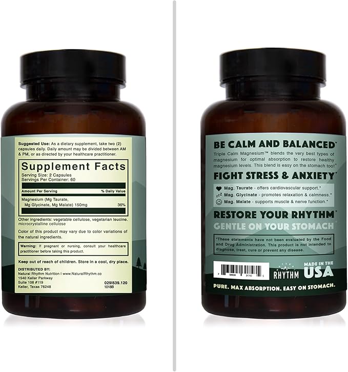 Natural Rhythm Triple Calm Magnesium 150 mg - 120 Capsules – Magnesium Complex Compound Supplement W/Natural Rhythm Vitamin D3 + K2 (MK7) Plus Vitamin A, for Bone, Heart, & Immune Health, 30 Capsules