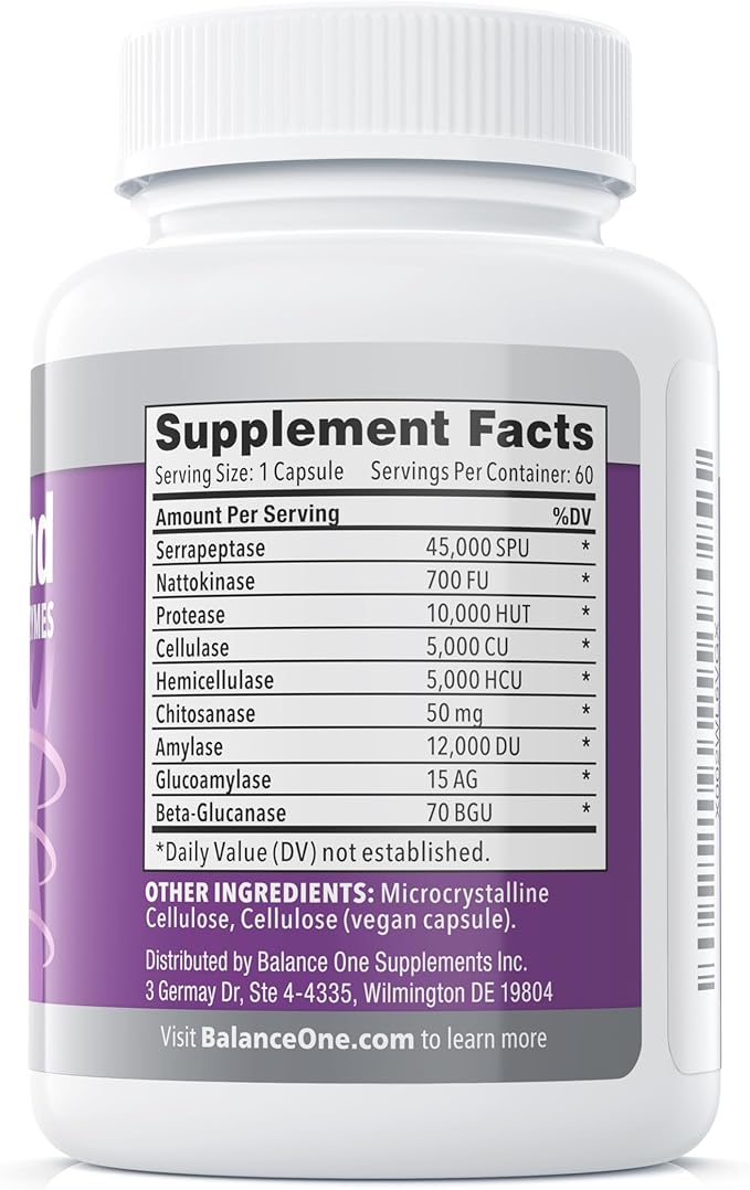 Balance ONE Biofilm Disruptor – Proteolytic Enzymes & Defense Supplement with Serrapeptase & Nattokinase – Systemic & Digestive Support – 60 Capsules, 2 Month Supply – for Women & Men – SerraDefend