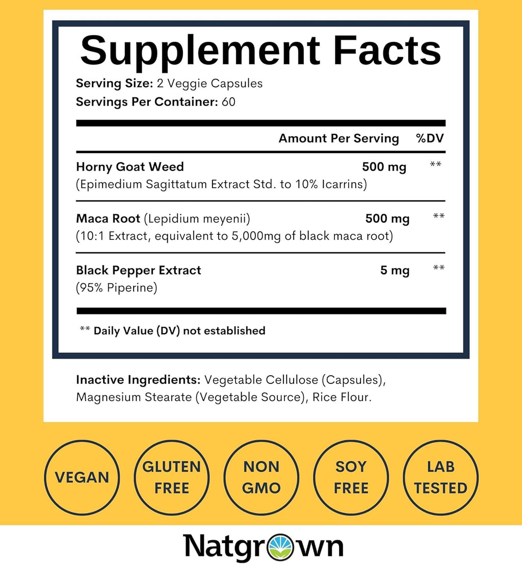 Natgrown Horny Goat Weed and Maca Root Extract Supplement for Men & Women (Epimedium Extract, Hornygoatweed) Vegan Capsules -120 Ct
