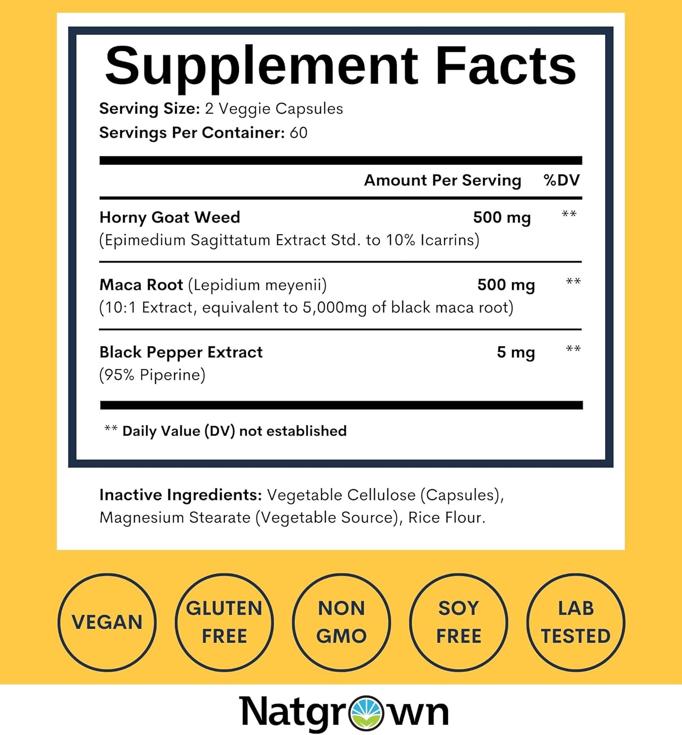 Natgrown Horny Goat Weed and Maca Root Extract Supplement for Men & Women (Epimedium Extract, Hornygoatweed) Vegan Capsules -120 Ct