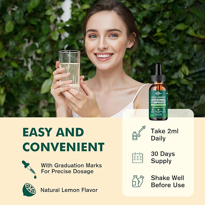 Liposomal Lymphatic Drainage Liquid Drops - Lymphatic Support Supplement with Dandelion Root, Cleavers, Echinacea, Calendula for Immune, Detox Cleanse, Lymph System Support, Lemon Flavor, 2 Fl Oz