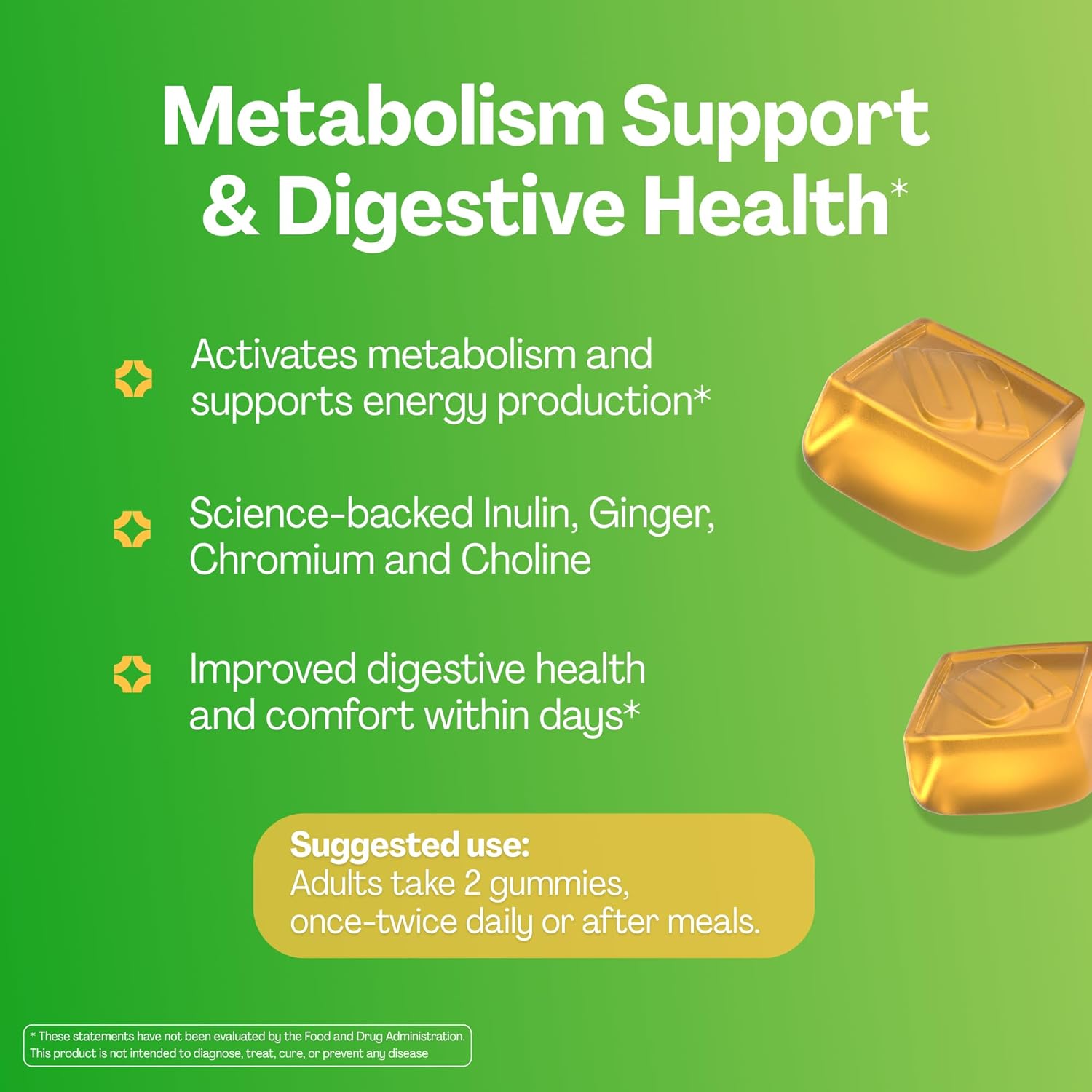 URVI® Metabolism Gummies – Inulin Prebiotic Fiber + Ginger Extract with Chromium & Choline (Minerals) – Gut Health & Digestive Support – Sugar-Free, Gluten-Free – Ginger-Lemon Flavor, 60 Count