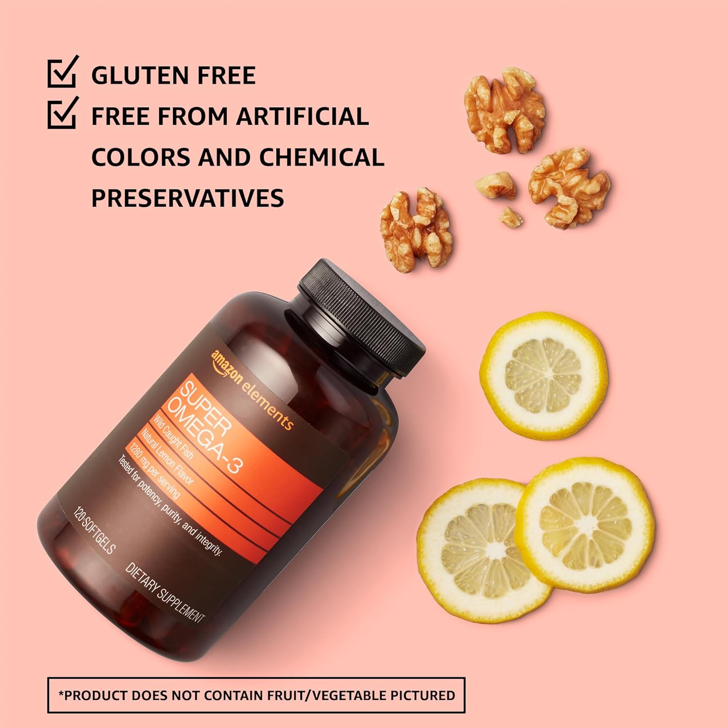 Amazon Elements Super Omega-3, EPA & DHA Omega-3 fatty acids (1280 mg per Serving, 2 Softgels), Natural Lemon Flavor, 120 Count (Packaging may vary)