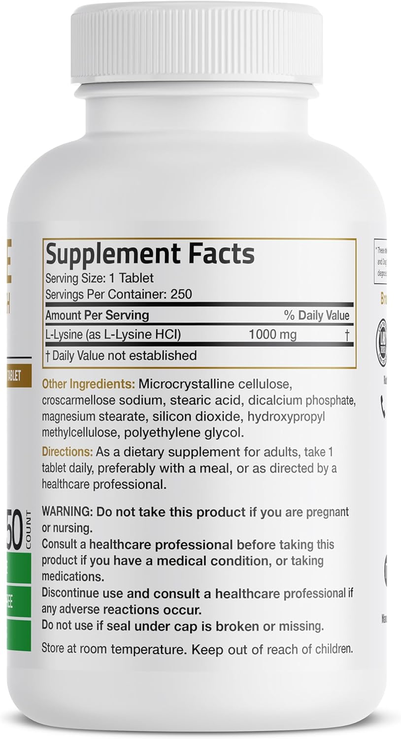 Bronson L-Lysine Extra Strength 1000 MG per Tablet High Potency, Immune Support & Supports Collagen Synthesis, Non-GMO, 250 Vegetarian Tablets