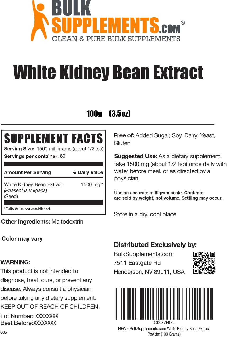 BulkSupplements.com White Kidney Bean Extract Powder - White Kidney Bean Powder - Herbal Supplement - Gluten Free, 1.5g per Serving, 100g (3.5 oz) (Pack of 1)