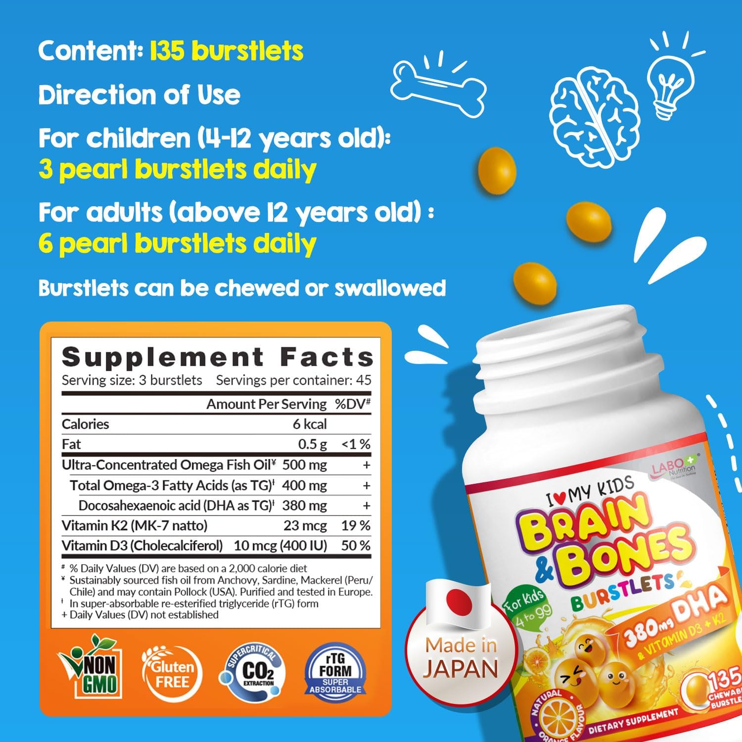 LABO Nutrition I My Kids Brain & Bones Chewable Burstlet, Gluten Free, for Stronger Bones & Behavioral Management, 76% Ultra-Concentrated rTG Form Omega 3 DHA Fish Oil, Vitamin D3 & K2, Orange