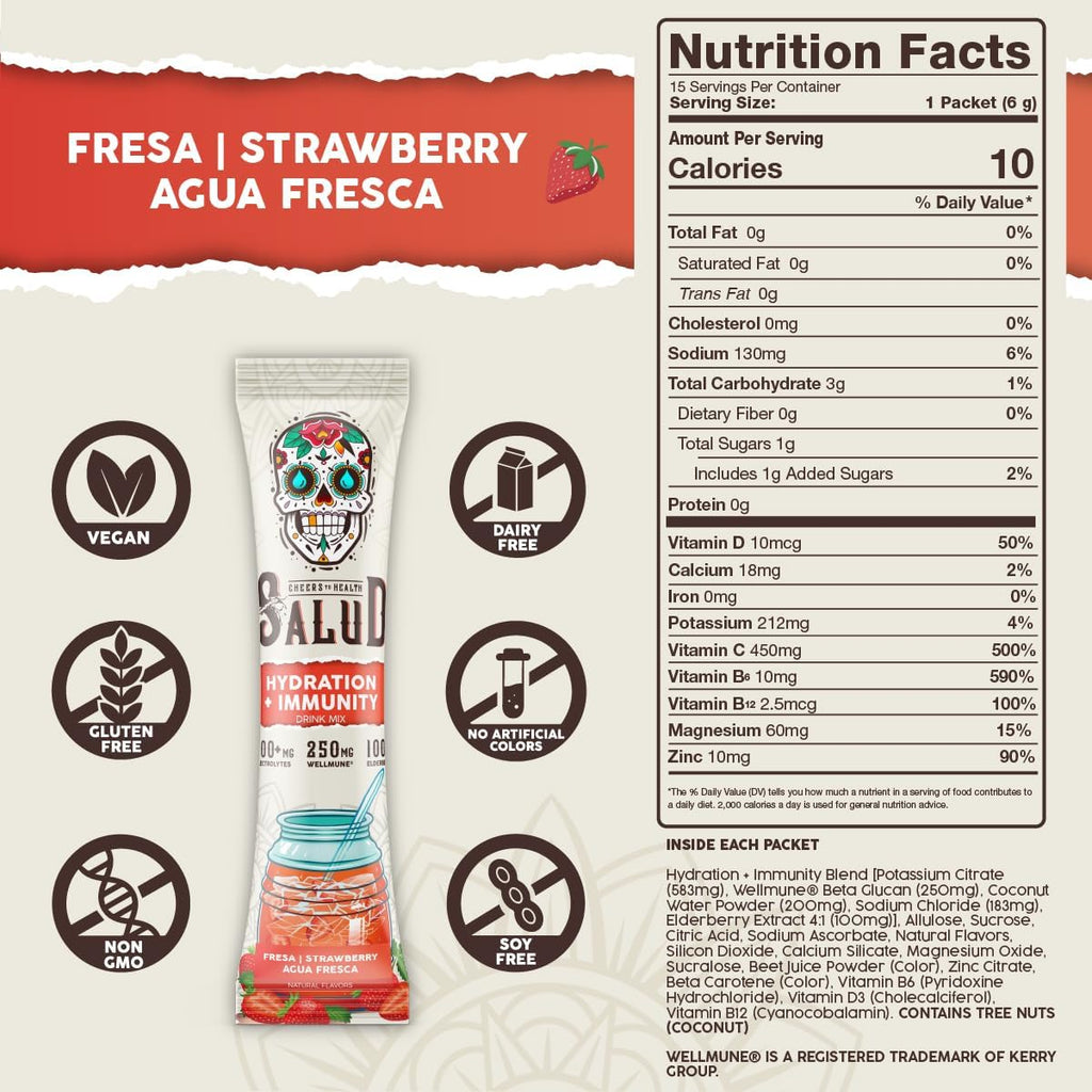 Salud 2-in-1 Hydration Packets + Immunity Electrolytes Powder, Strawberry - Fresca Agua Fresca Drink Mix, Elderberry, Dairy & Soy Free, Non-GMO, Gluten Free, Vegan, Low Calorie, 1g Sugar (15 Servings)