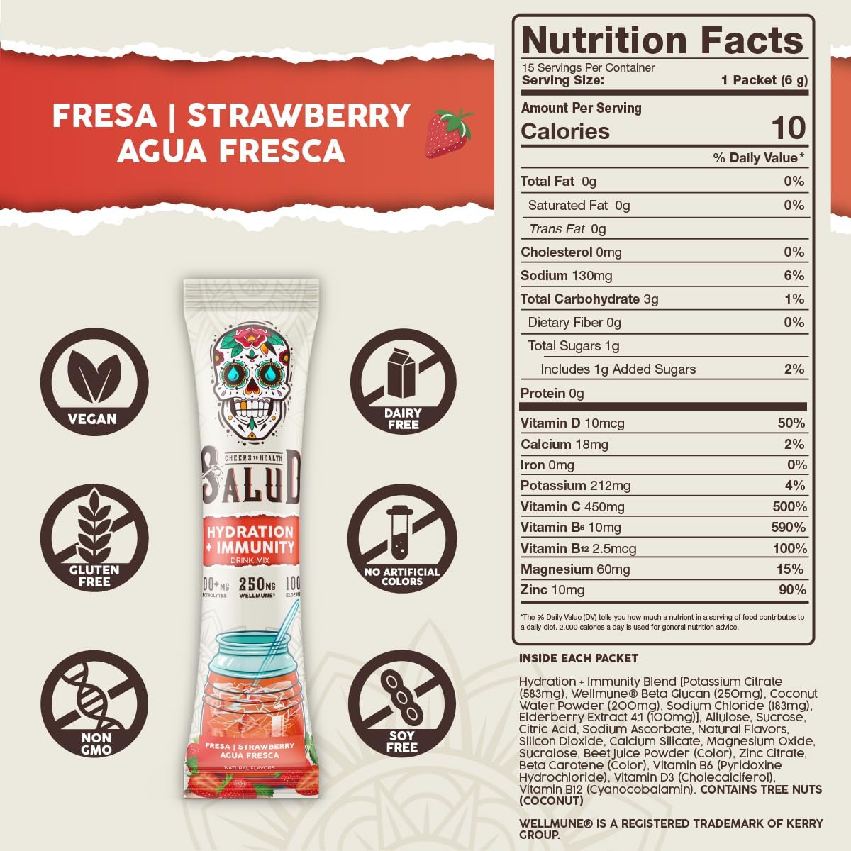 Salud 2-in-1 Hydration Packets + Immunity Electrolytes Powder, Strawberry - Fresca Agua Fresca Drink Mix, Elderberry, Dairy & Soy Free, Non-GMO, Gluten Free, Vegan, Low Calorie, 1g Sugar (15 Servings)