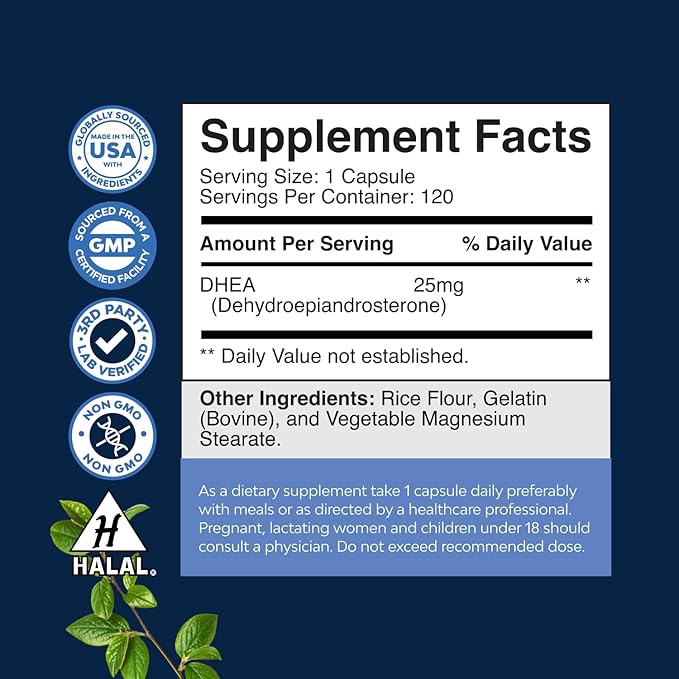 DHEA Supplement for Women & Men - Pure DHEA 25mg for Hormone Balance, Improves Mood Stability, Brain Function, Immune System, Energy & Fertility - Dehydroepiandrosterone Capsules for Adults - 120 Ct