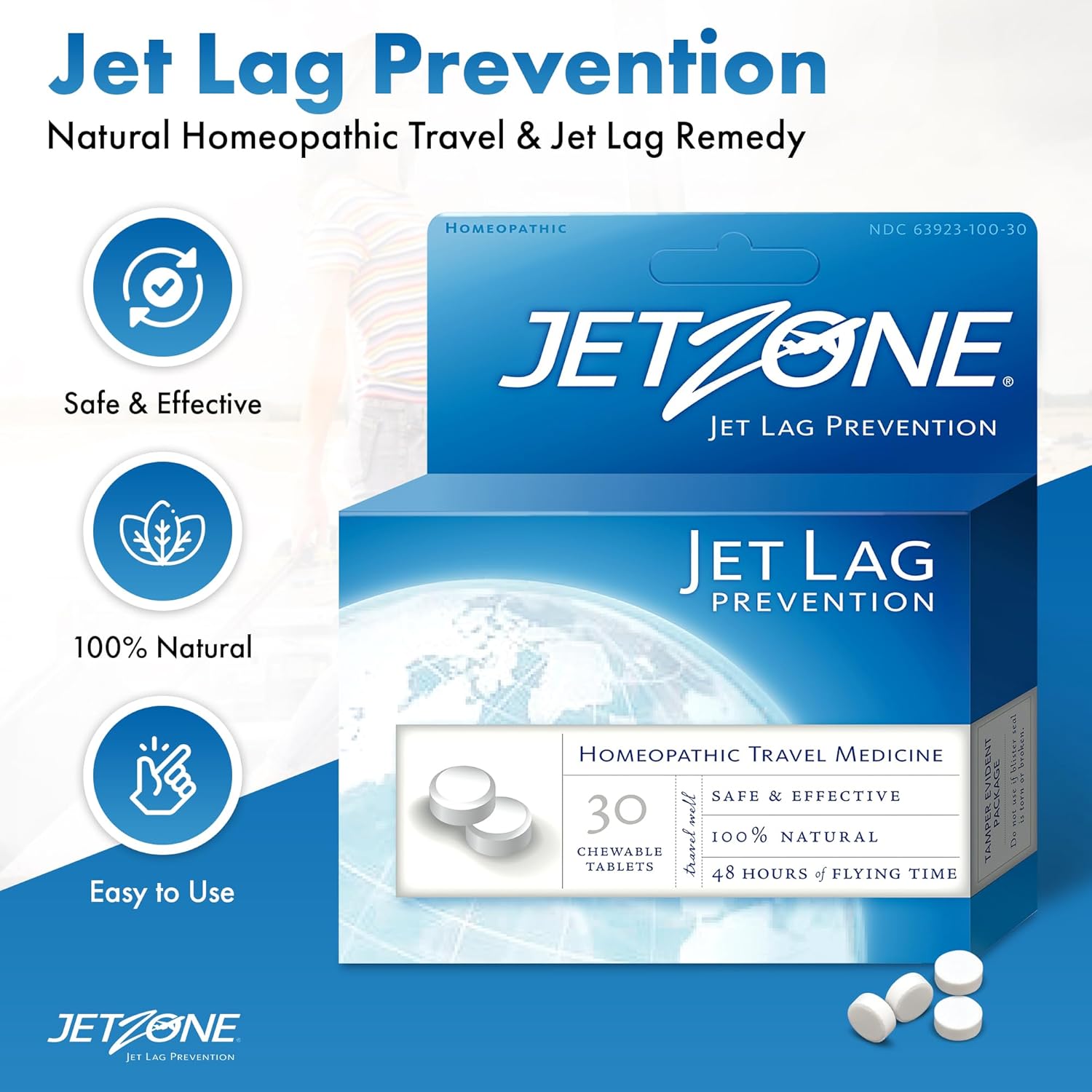 JetZone Jet Lag Remedy - Homeopathic Travel Aid – Trusted for Over 15 Years - Immune Health – Circadian Rhythm - Fatigue – Exhaustion – Tired - Can't Sleep – Good for 48hrs Flying Time - 30 Chewables
