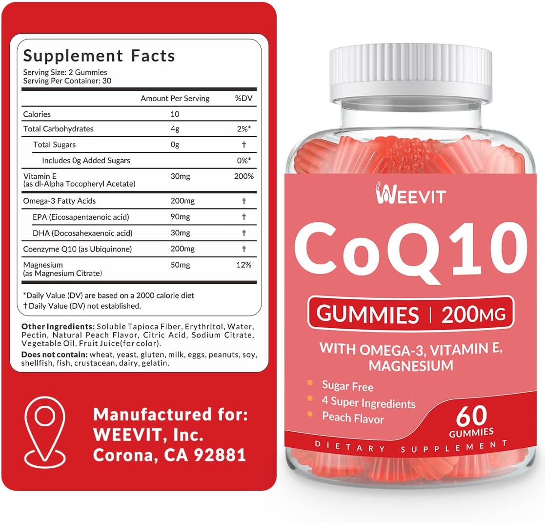 Sugar Free CoQ10 Gummies 200 MG, Coenzyme Q10 (Ubiquinone) Gummies for Adults, Co Q10 Supplement with Omega-3, Magnesium, Energy, Brain Support