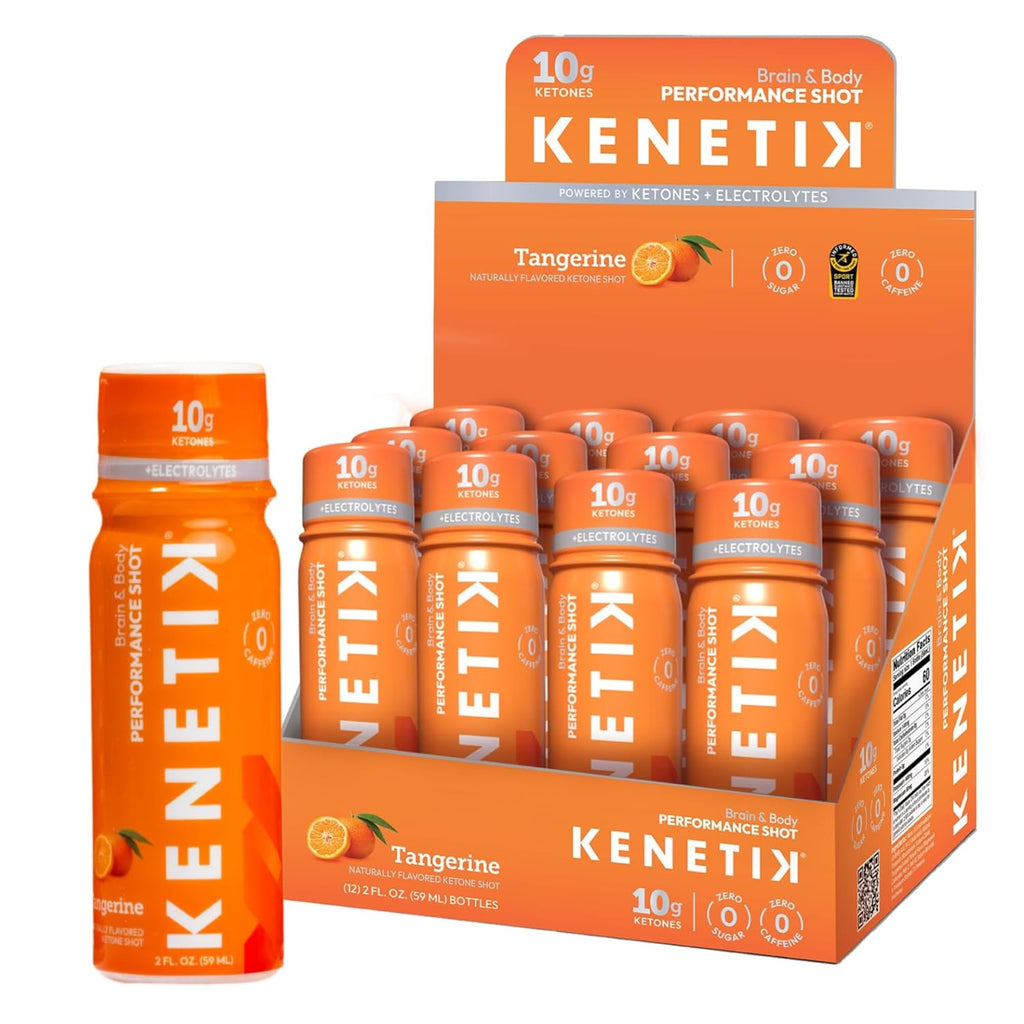 Kenetik Ketone Shots, 10g Ketones for Daily Focus, Clarity, & Energy, Electrolytes for Performance & Hydration, Gluten Free, Sugar Free, Caffeine Free, Non GMO, Tangerine, 2 oz, 12 Pack