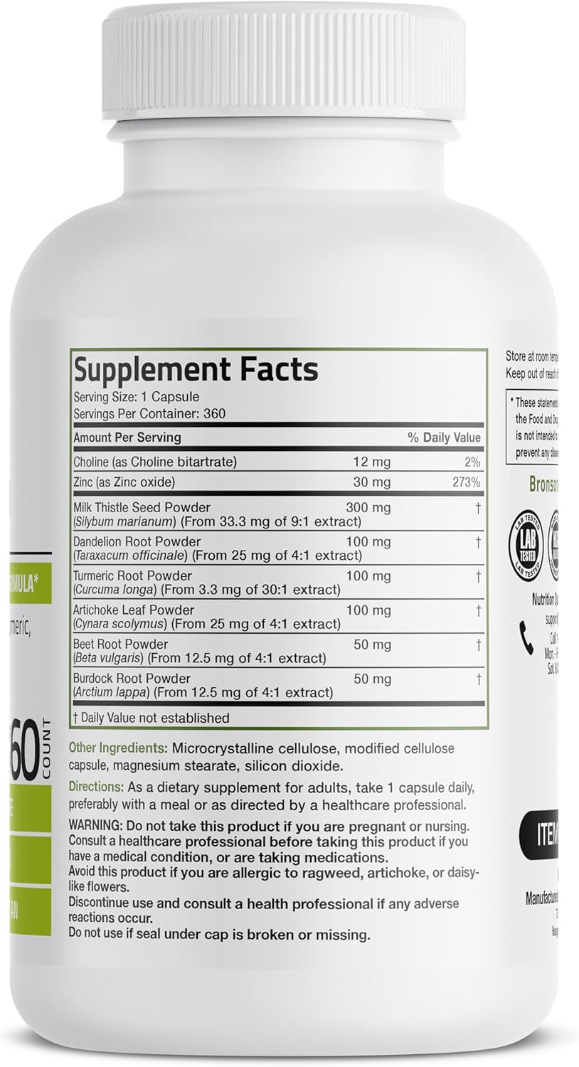 Bronson Liver Detox Advanced Detox & Cleansing Formula Supports Health Liver Function with Milk Thistle, Dandelion Root, Turmeric, Artichoke Leaf & More, Non-GMO, 360 Vegetarian Capsules