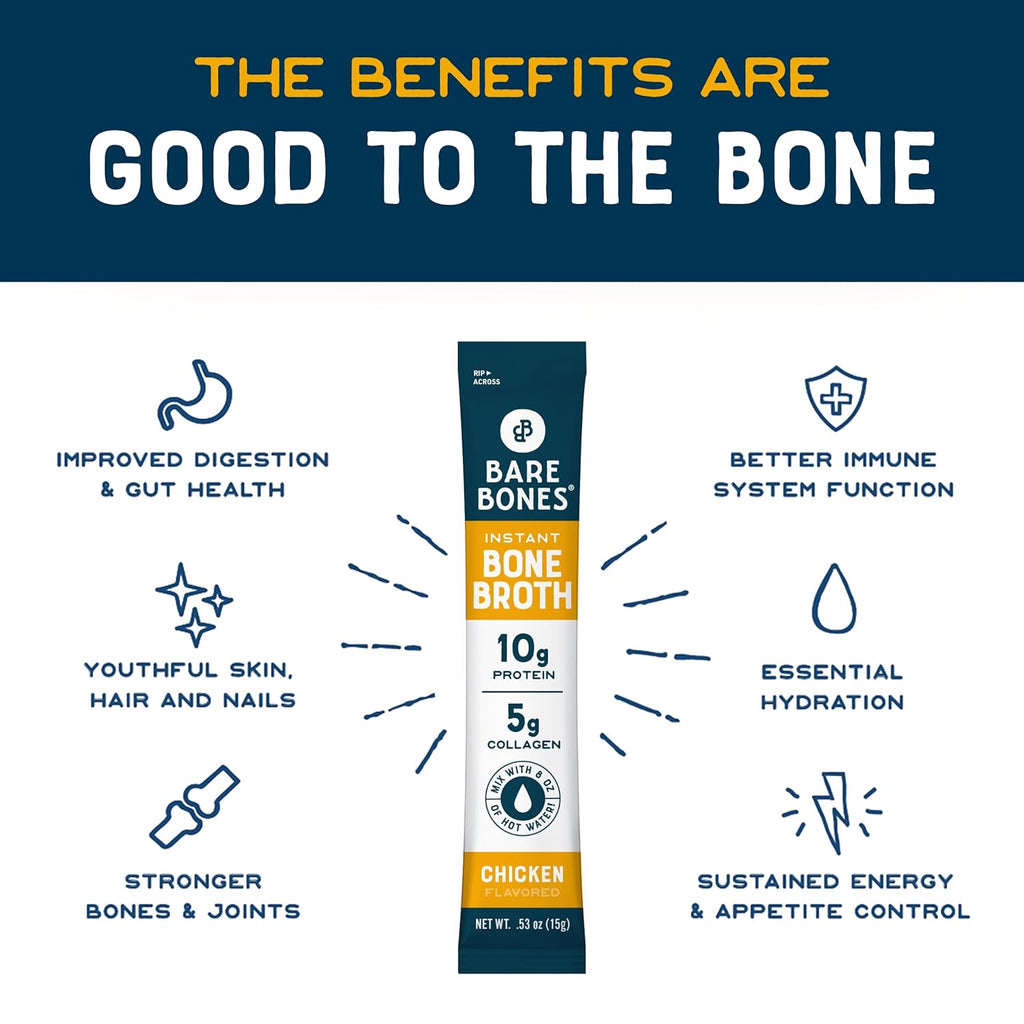 Bare Bones Chicken Bone Broth Instant Powdered Mix | Rich Savory Packets on-the-Go No Artificial Flavors | Keto & Paleo Friendly | 10g Protein | 32 Pack