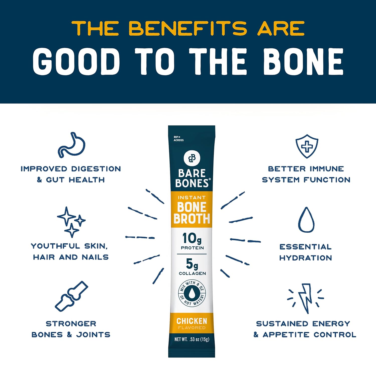 Bare Bones Chicken Bone Broth Instant Powdered Mix | Rich Savory Packets on-the-Go No Artificial Flavors | Keto & Paleo Friendly | 10g Protein | 32 Pack