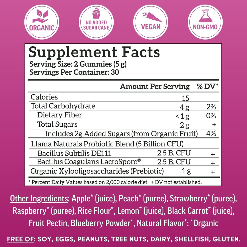 Llama Naturals Probiotics for Women and Men with Prebiotic Fiber, Vegan, Organic, Probiotic Gummies for Gut Health Support, Adults Real Fruit Gummy Vitamins, No Added Sugar Cane, Mixed Berry, 60 Ct