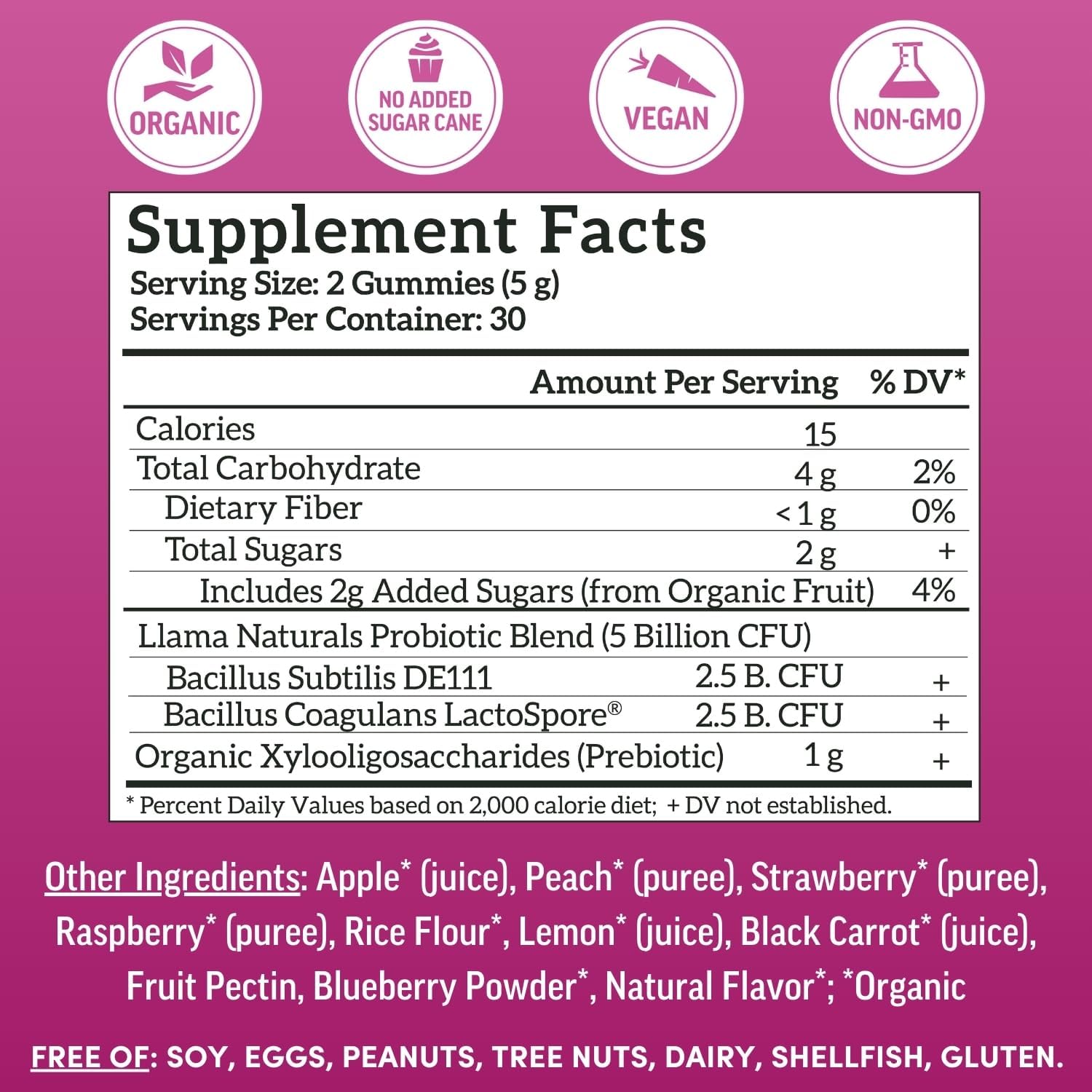 Llama Naturals Probiotics for Women and Men with Prebiotic Fiber, Vegan, Organic, Probiotic Gummies for Gut Health Support, Adults Real Fruit Gummy Vitamins, No Added Sugar Cane, Mixed Berry, 60 Ct