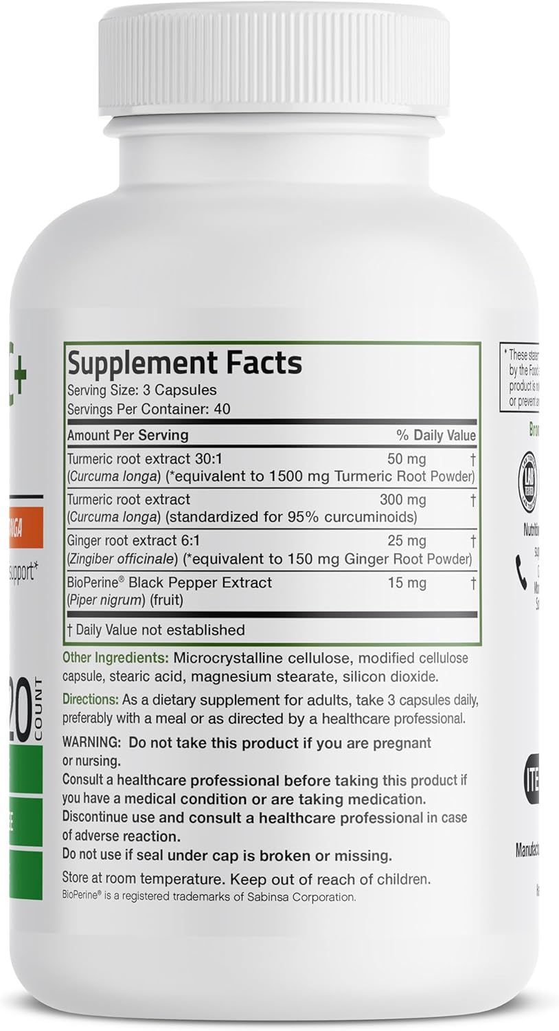 Bronson Turmeric + Ginger Extra Strength Joint Health & Digestion Support with BioPerine, Non-GMO, 120 Vegetarian Capsules