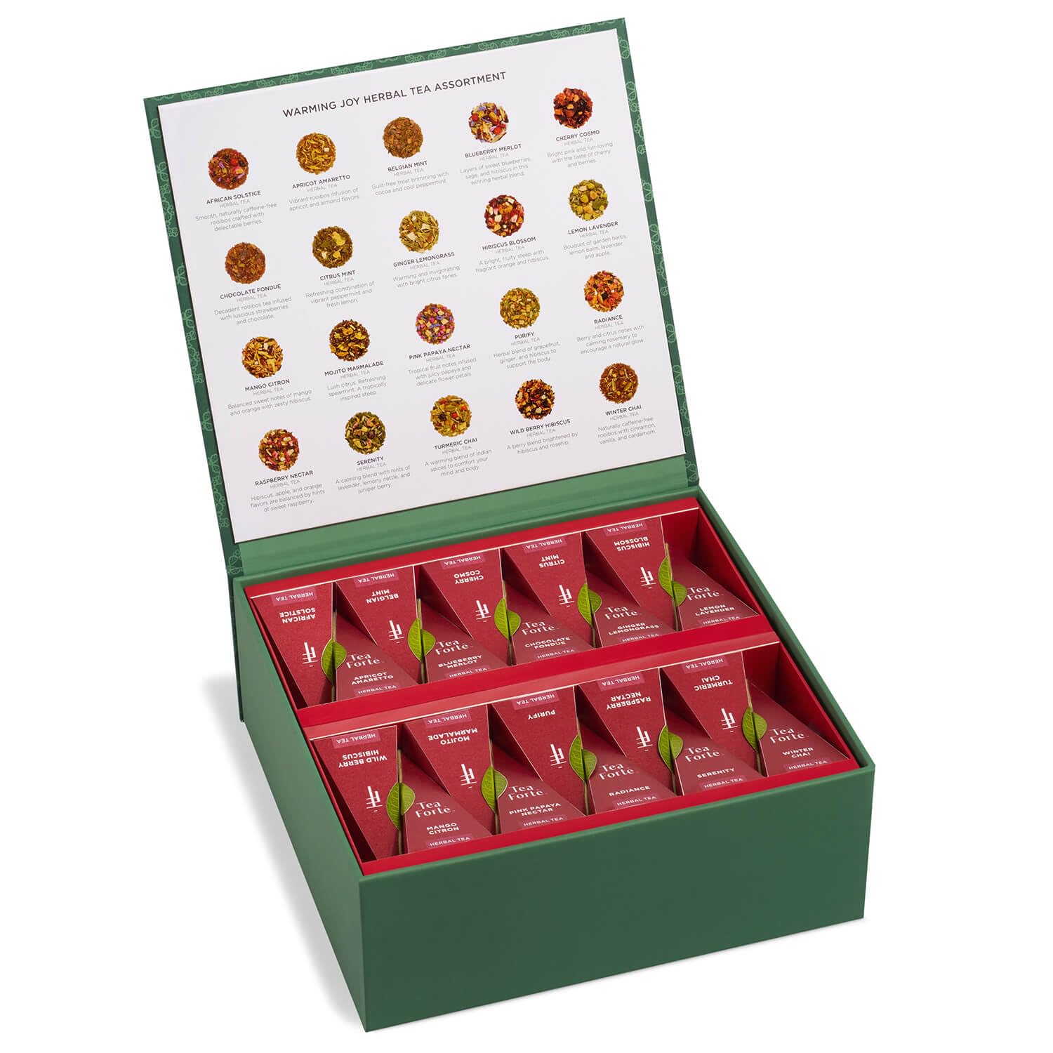 Tea Forte Warming Joy Holiday Herbal Premium Tea Chest Gift Sampler, 40 Count, 2 of each Variety Blend Individually Wrapped Handcrafted Pyramid Infuser Bags