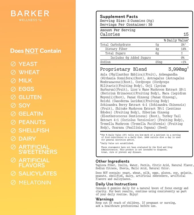 Barker Wellness Adaptogen Mushroom Gummies with Lion's Mane, Cordyceps, Reishi & Shiitake | Vegan Sugar-Free Immune System Support, Natural Energy, Enhanced Focus & Mood for Adults | 60 Count