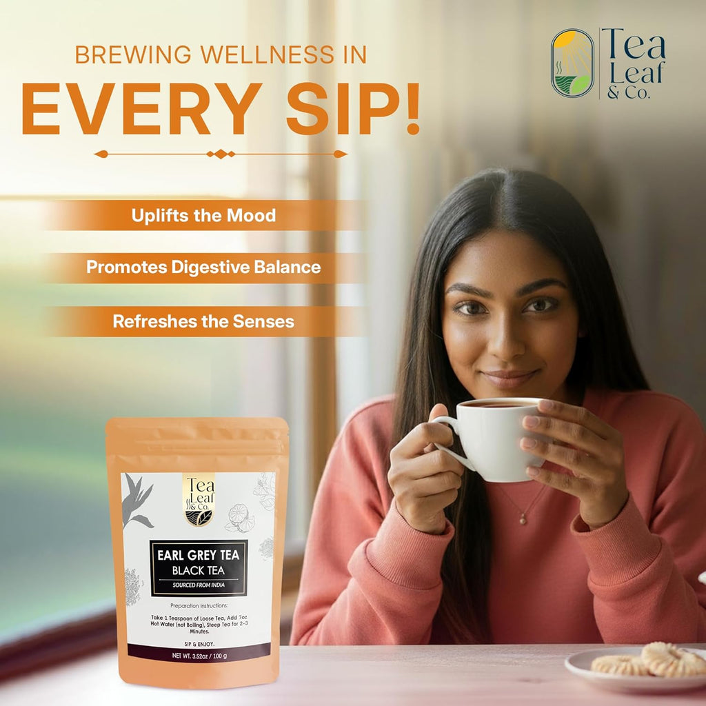 Tealeaf & Co. Earl Grey Black Tea Blended with Bergamot Extract (Loose Leaf Form) - Premium Sweet & Sour Flavored Tea - Contains Low Caffeine - Upto 50 Servings (3.52oz/100gm)