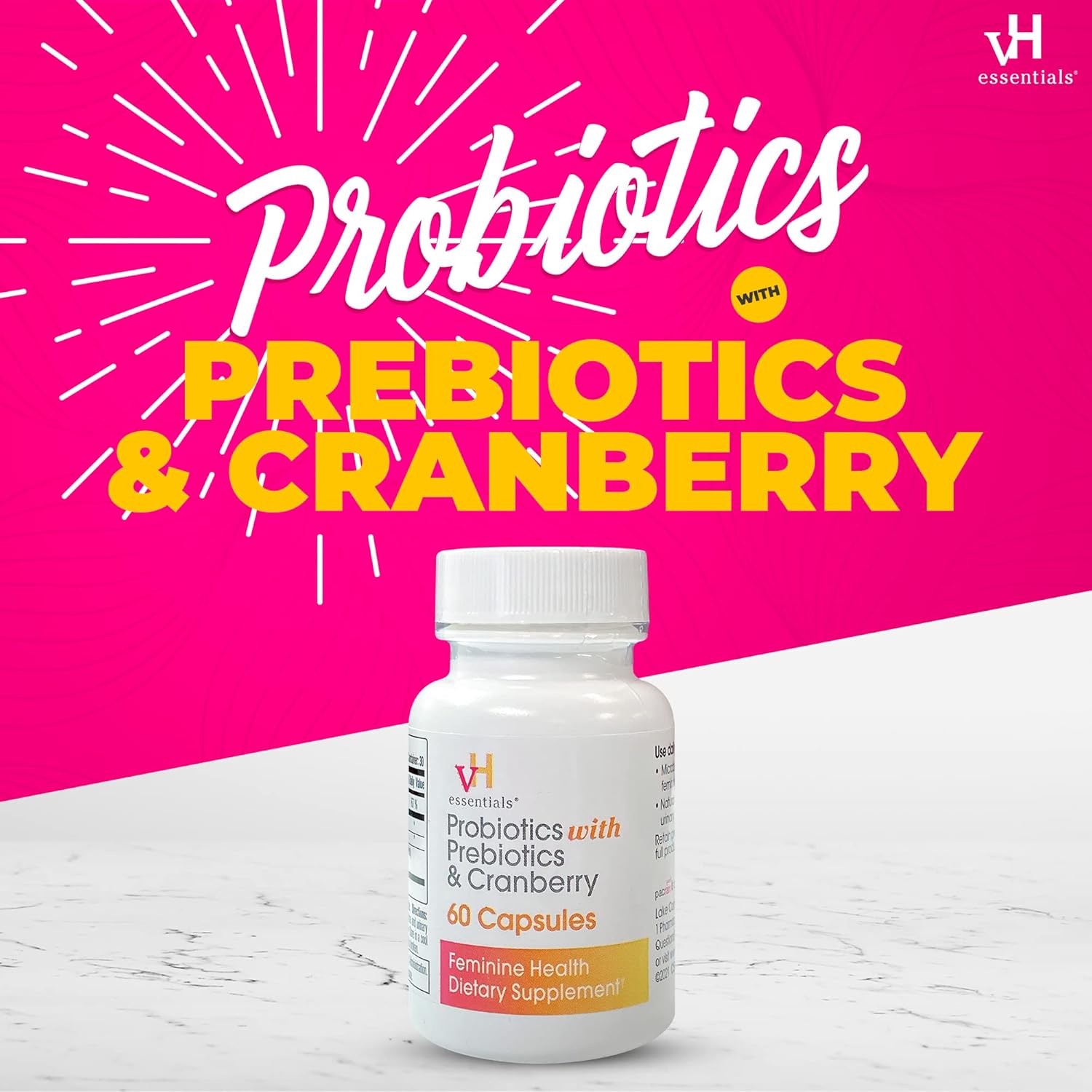 vH Essentials Probiotics for Women with Prebiotics, Cranberry & Vitamin C - 60 Capsules (30 Day Supply) - Vaginal Probiotics Support Gut Balance, Vaginal Health & Urinary Tract Health for Women