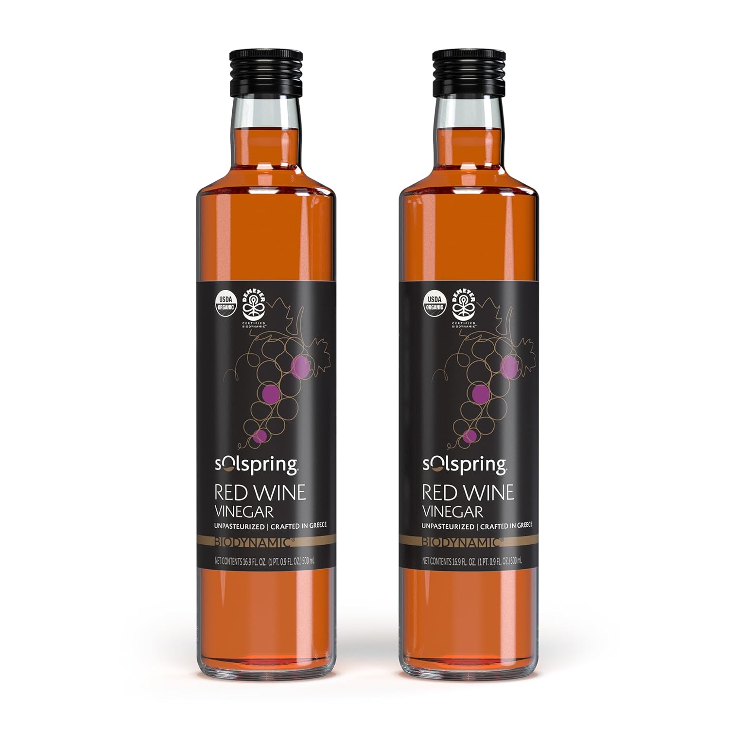Solspring Biodynamic Red Wine Vinegar, 16.9 Fl. Oz. (500 mL), Unpasteurized, Crafted In Greece, Certified USDA Organic, Regenerative, Vegan, Gluten Free, Soy Free, Dr. Mercola