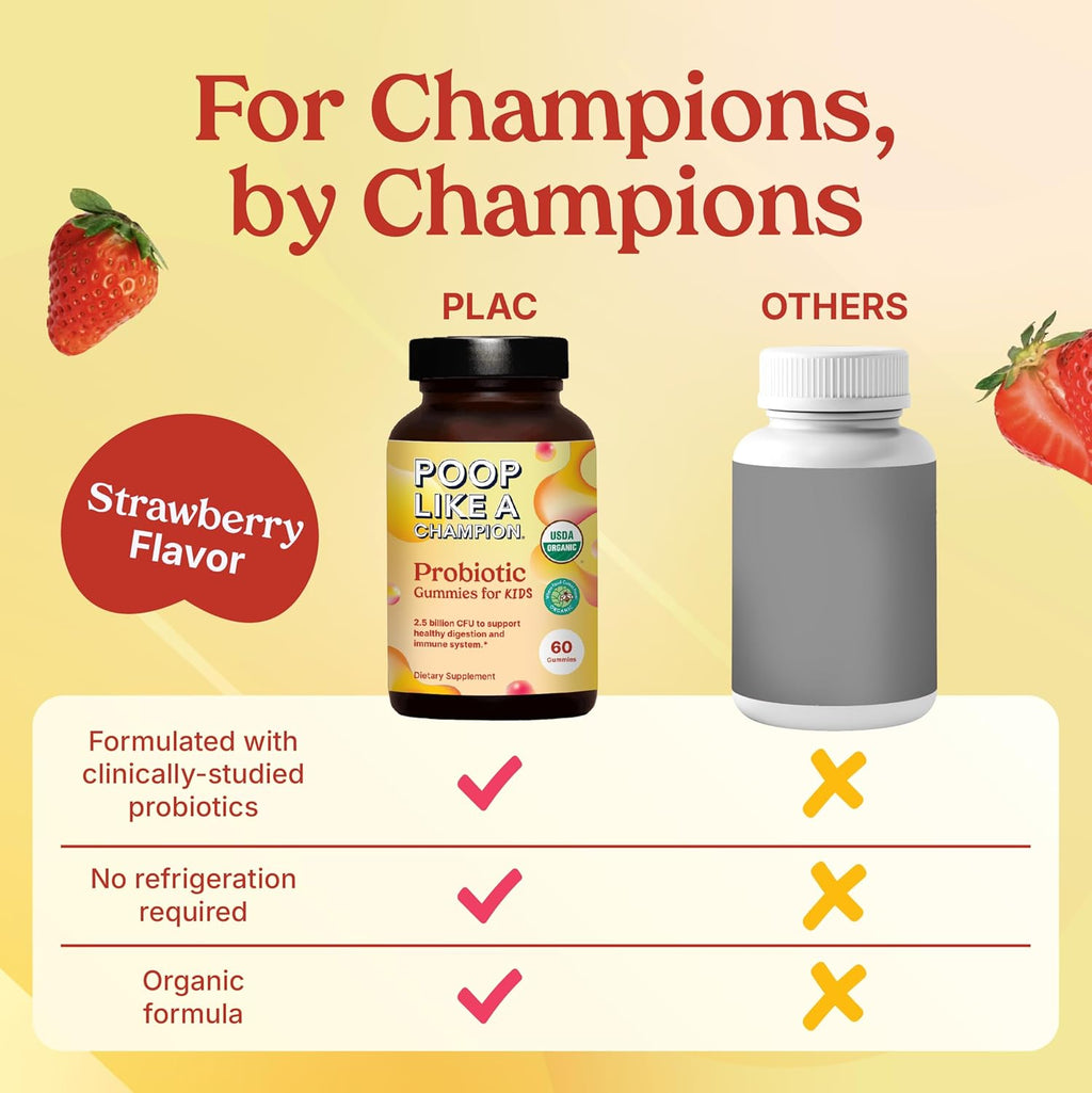 Poop Like a Champion Probiotic Gummies for Kids – USDA Organic, Vegan, Non-GMO, Gentle Digestive Health Support, 60 Gummies