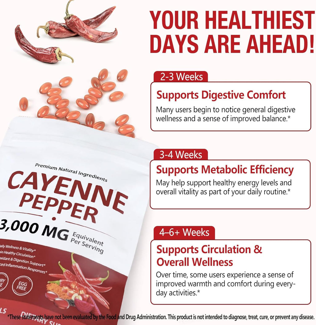 Cayenne Pepper Softgels Supplement, Cayenne Pepper Softgels with Vitamin D3 K2 & E, Grape Seed Extracts, Supports Healthy Blood Circulation, Circulatory Function, Antioxidant Support - 240 Softgels