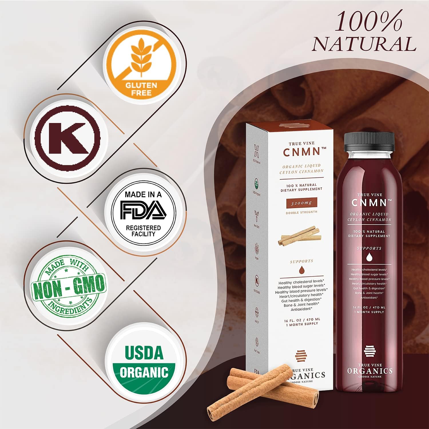 True Vine 3200mg Liquid Ceylon Cinnamon Supplement (Made in USA) for Healthy Heart, Blood Pressure, Sugar, Cholesterol, Gut & Joints — 100% Organic Ceylon Cinnamon to Fight Free Radicals (16 fl oz)