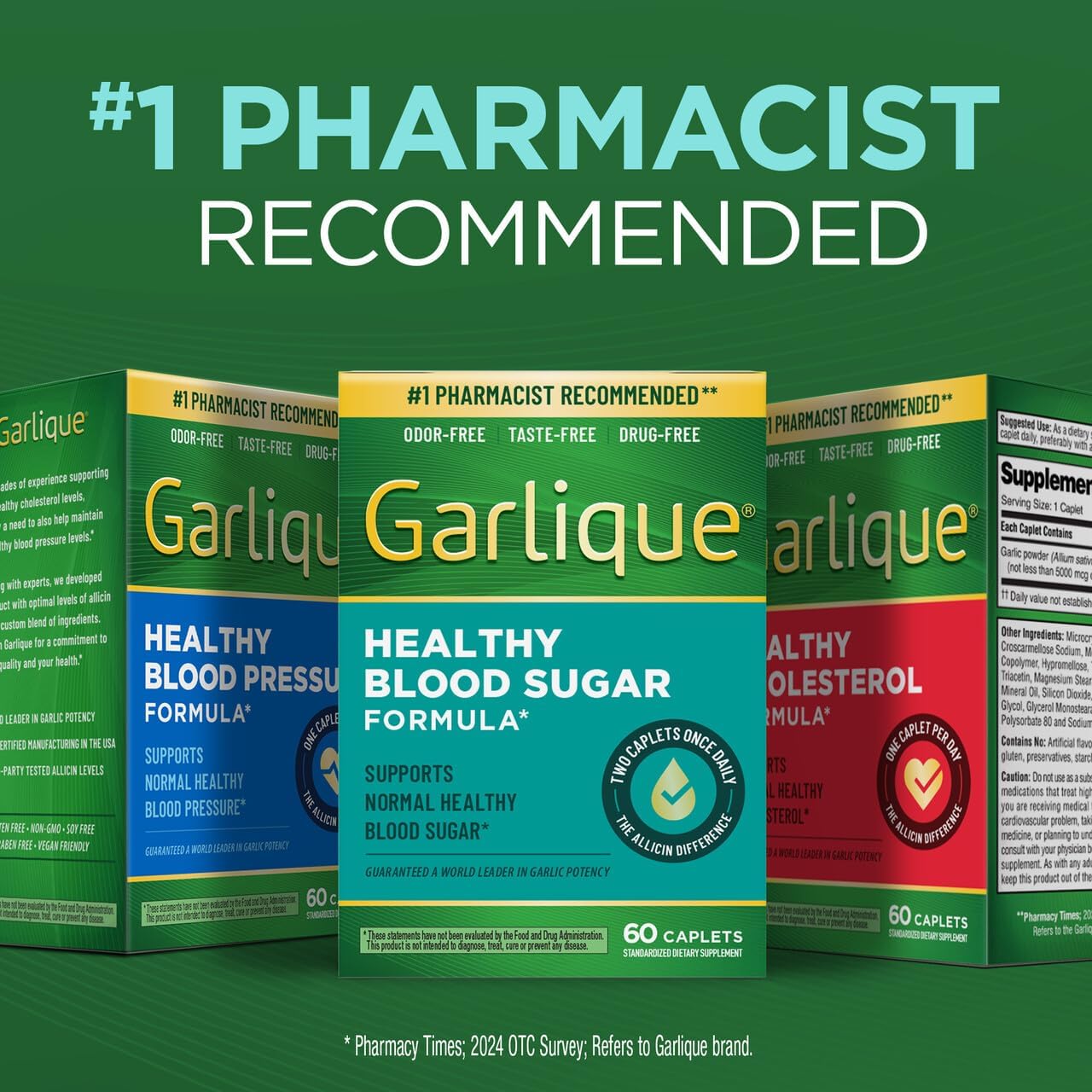 Garlique Garlic Extract Supplement, Healthy Blood Sugar Formula, 6000 mcg allicin, Odorless & Vegan, 60 Caplets
