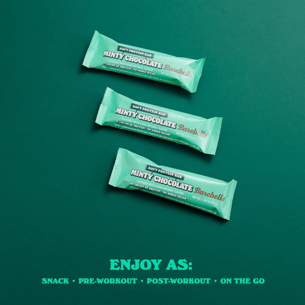 Barebells Soft Protein Bars Minty Chocolate - 24 Bars (2 Packs of 12) -16g High Protein Treats - Chocolate Nutrition Bar with 1g Total Sugars - On The Go Breakfast or Post-Workout Snack