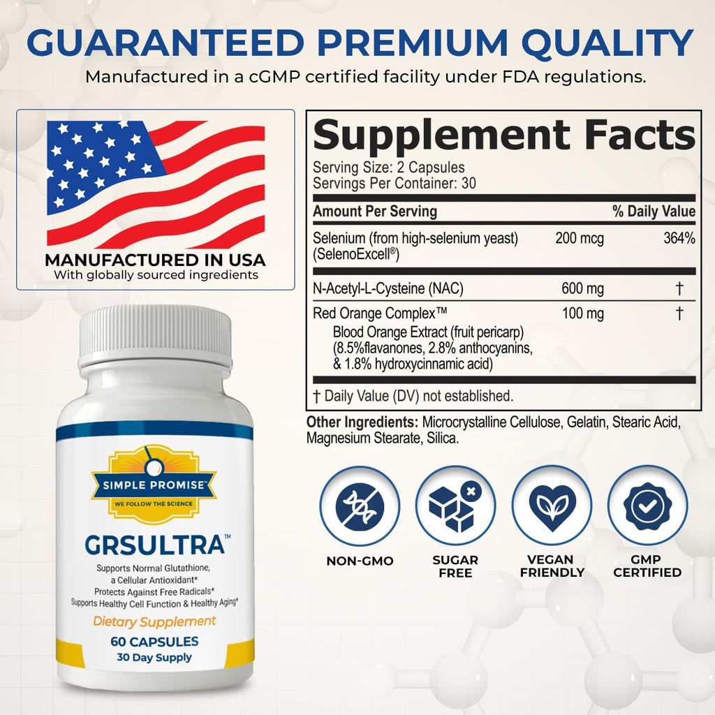 Simple Promise GRS Ultra - Glutathione Supplement with NAC 600mg N-Acetyl Cysteine, Selenium 200mcg & Red Orange Complex - Antioxidant & Cellular Support for Men & Women - 30 Days Supply