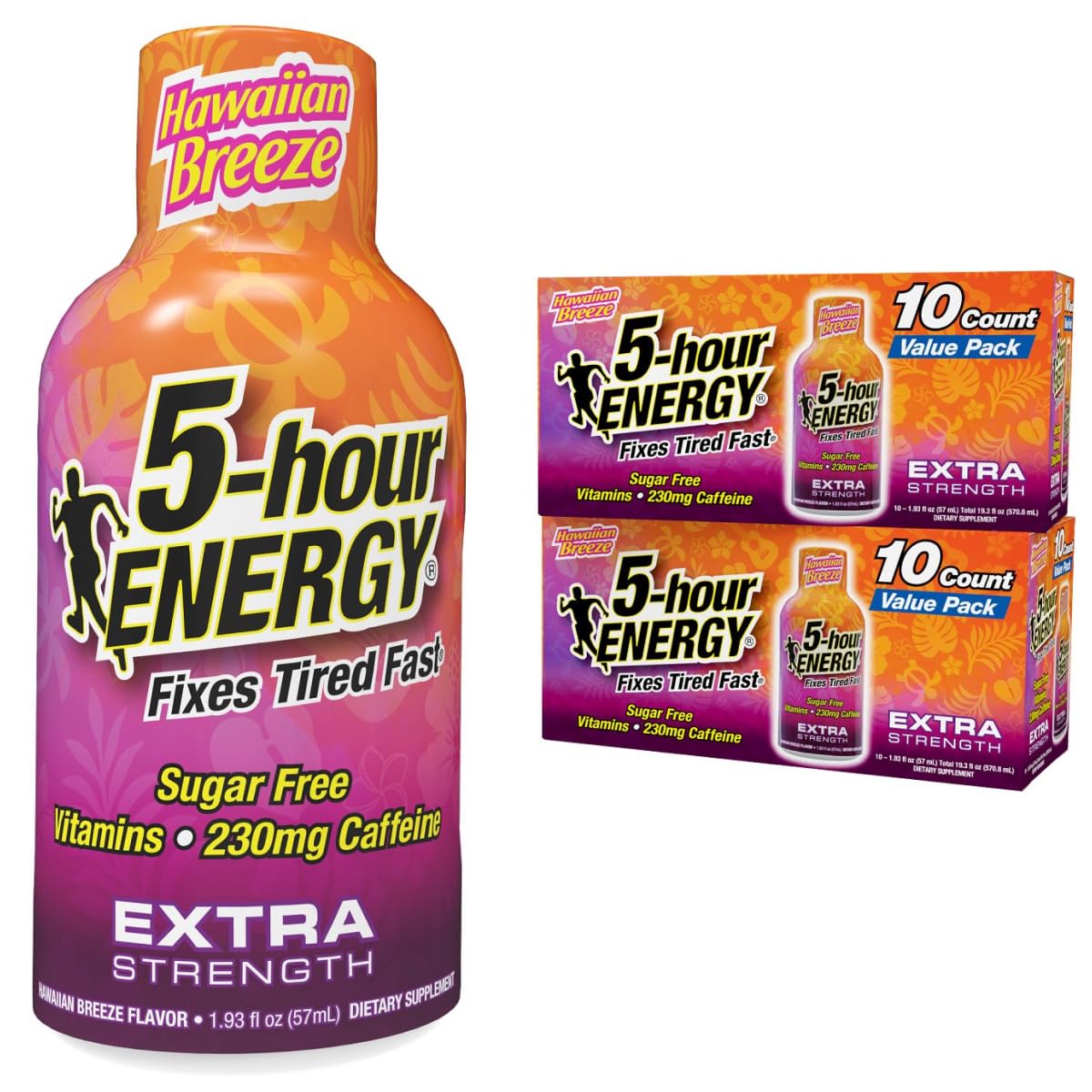 5-hour ENERGY Extra Strength Hawaiian Breeze Energy Shot 1.93oz, 20-Pack – Sugar Free Caffeine Energy Booster with B-Vitamins & Amino Acids – Zero Calorie (20 Bottles – Single Flavor, Hawaiian Breeze)