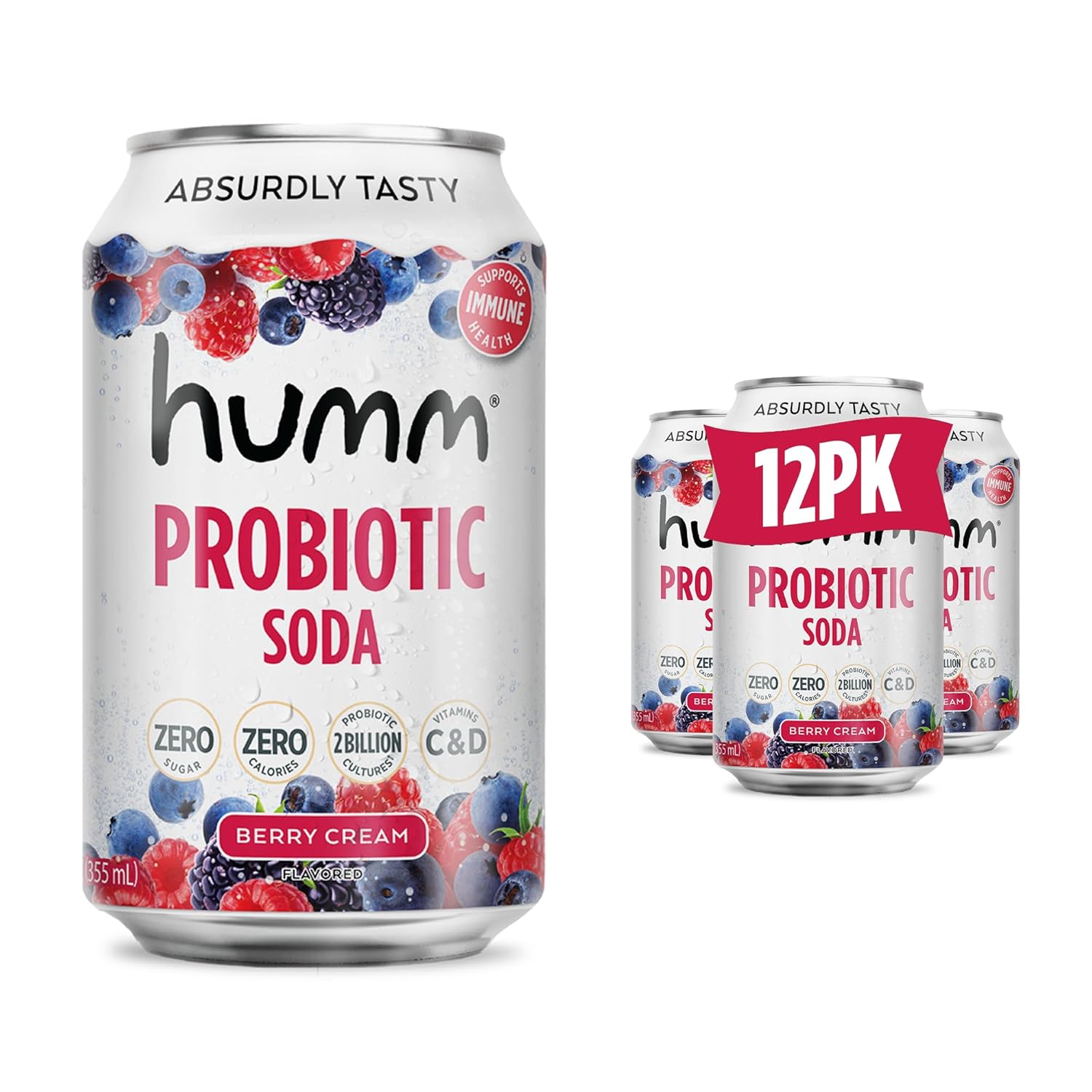 Humm Sparkling Probiotic Berry Cream Soda, Zero Sugar, Zero Calorie, 2 Billion Probiotics, Vitamin C, D, and B12, 12 fl oz (12 Pack)