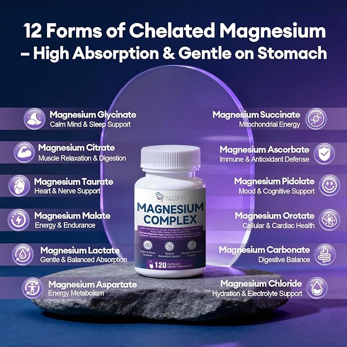 Magnesium Complex w/Magnesium Glycinate, Malate, Citrate | 24-in-1 Magnesium Supplement w/Ashwagandha, L-Theanine & NAD+ | Supports Calm, Energy, Muscle & Sleep | Non-GMO, 120 Vegan Caps