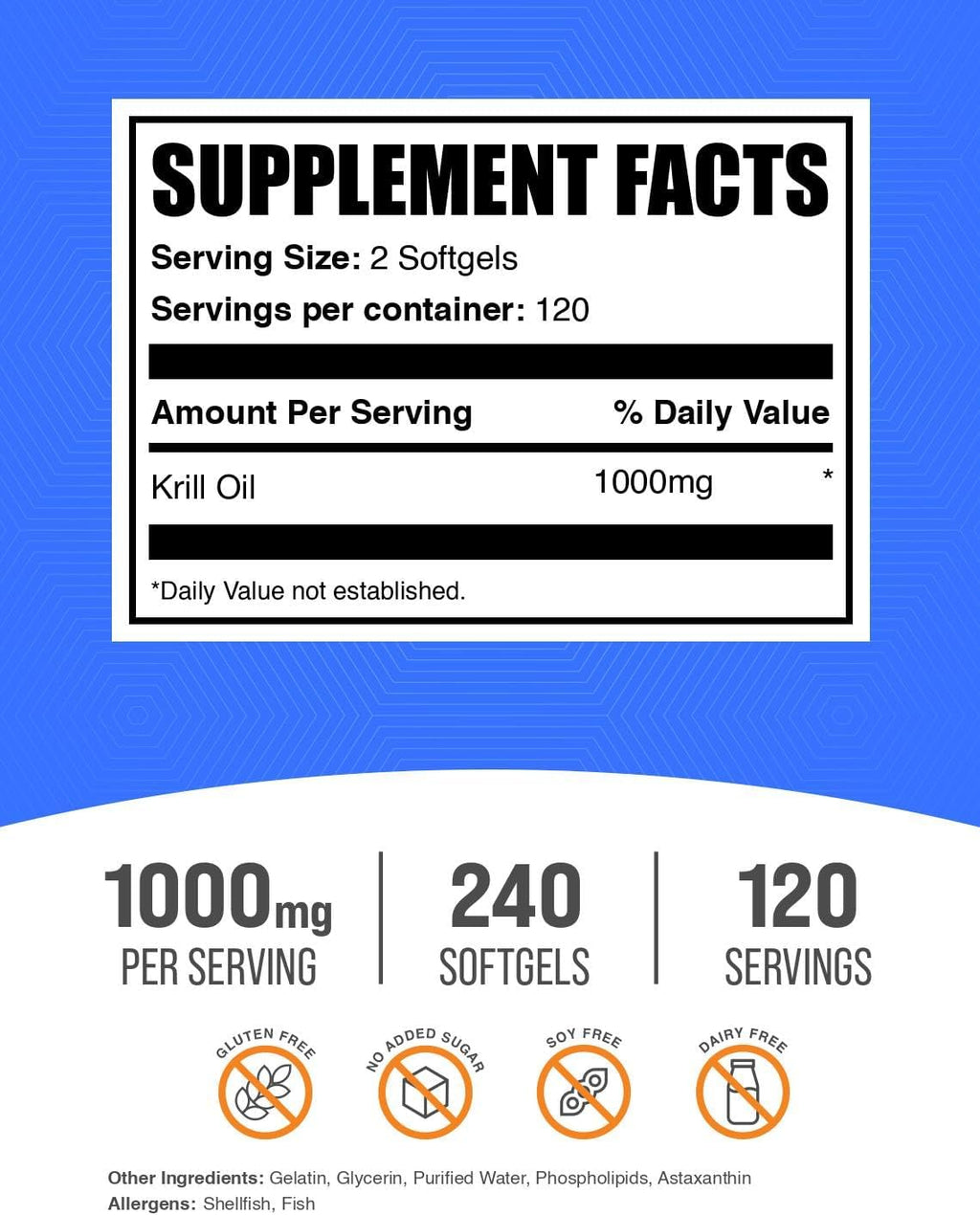 BulkSupplements.com Krill Oil 1000mg Softgels - Antarctic Krill Oil Supplement - Omega 3 Supplement, DHA Supplement - Gluten Free, 2 Softgels per Serving, 240 Count (Pack of 1)
