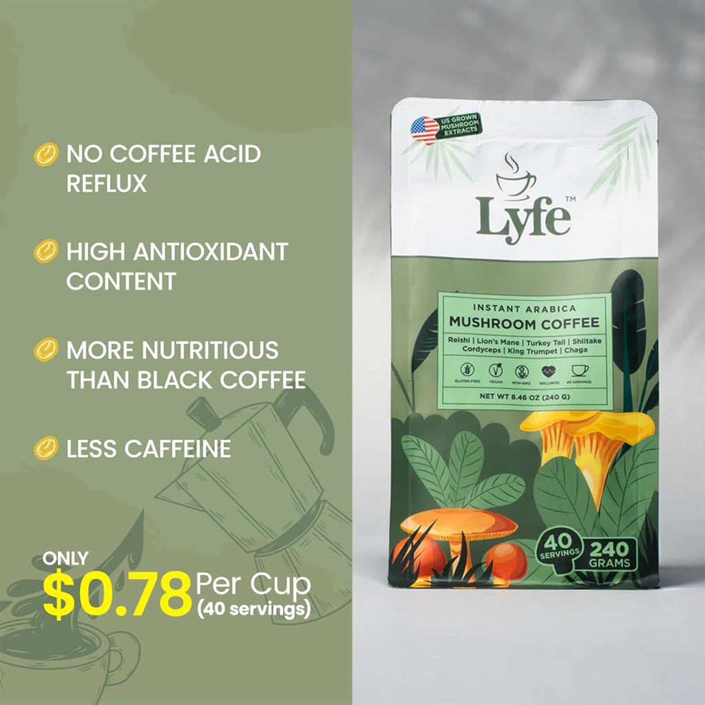 LYFE Organic Instant Mushroom Coffee – Lion’s Mane, Chaga, Cordyceps, Turkey Tail | USA Grown Adaptogenic Mushrooms for Better Energy, Focus, Gut Health, Immunity – 40 Servings