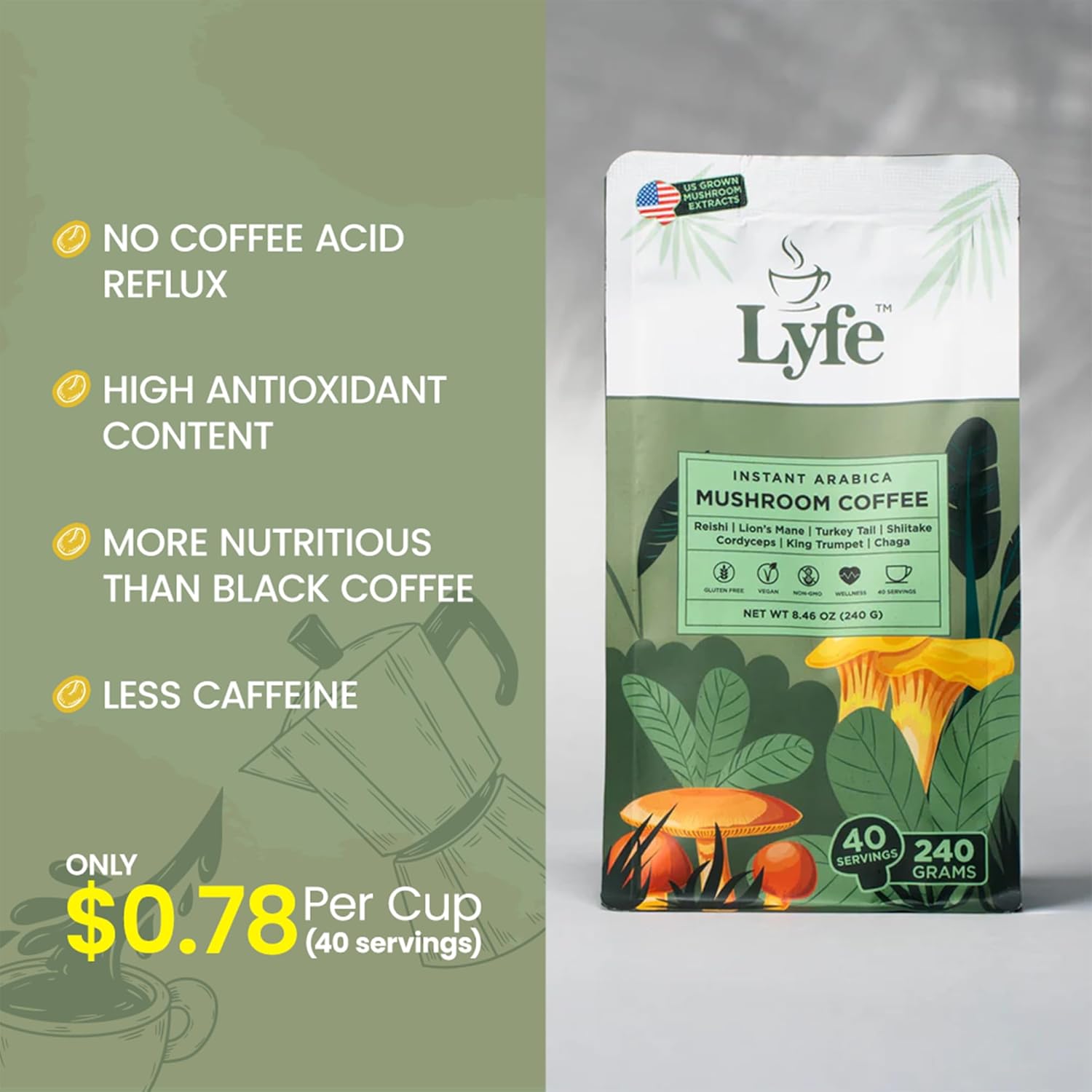 LYFE Organic Instant Mushroom Coffee – Lion’s Mane, Chaga, Cordyceps, Turkey Tail | USA Grown Adaptogenic Mushrooms for Better Energy, Focus, Gut Health, Immunity – 40 Servings