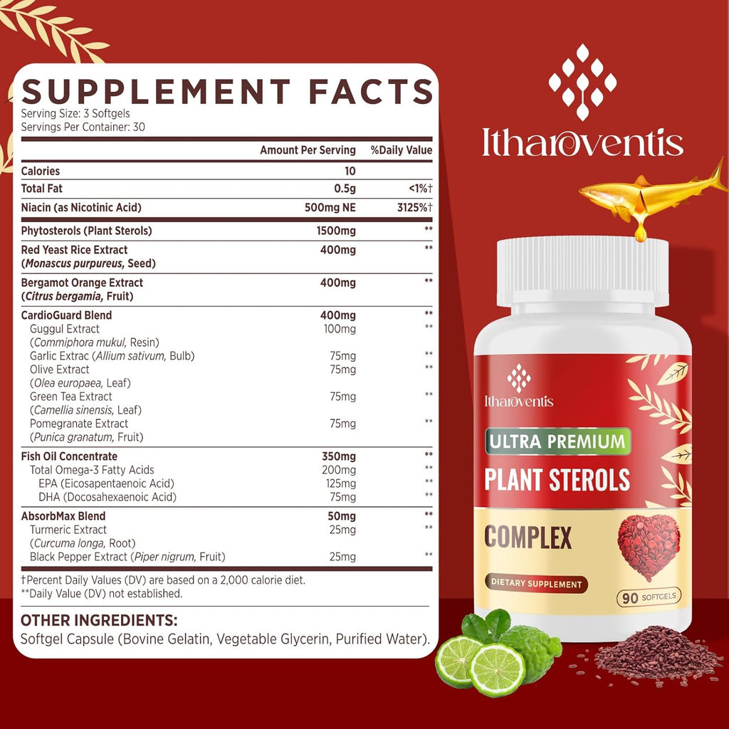 Cholesterol Supplements with Plant Sterols, Niacin, Red Yeast Rice, Bergamot, Omega-3 & Garlic - Advenced Absorption Formula - 90 Softgels
