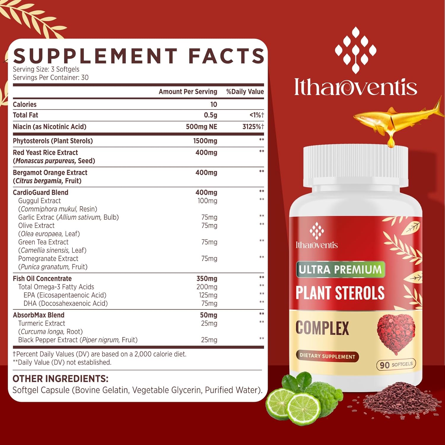 Cholesterol Supplements with Plant Sterols, Niacin, Red Yeast Rice, Bergamot, Omega-3 & Garlic - Advenced Absorption Formula - 90 Softgels