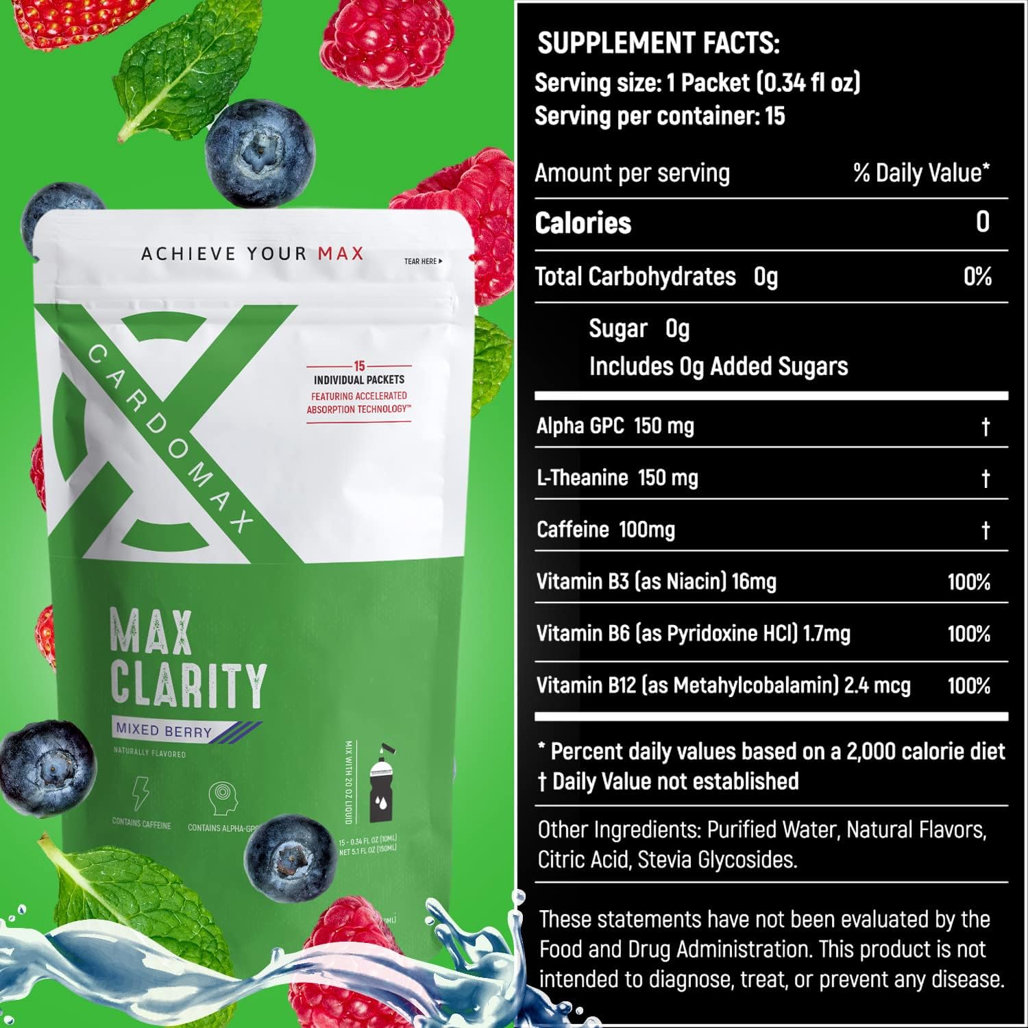 Max Clarity Nootropics Brain Support Supplement w/Liquid Caffeine, Alpha GPC, L-Theanine, Brain Booster for Memory & Focus, Liquid Nootropic Brain Supplement for Mental Clarity, 15 Sticks