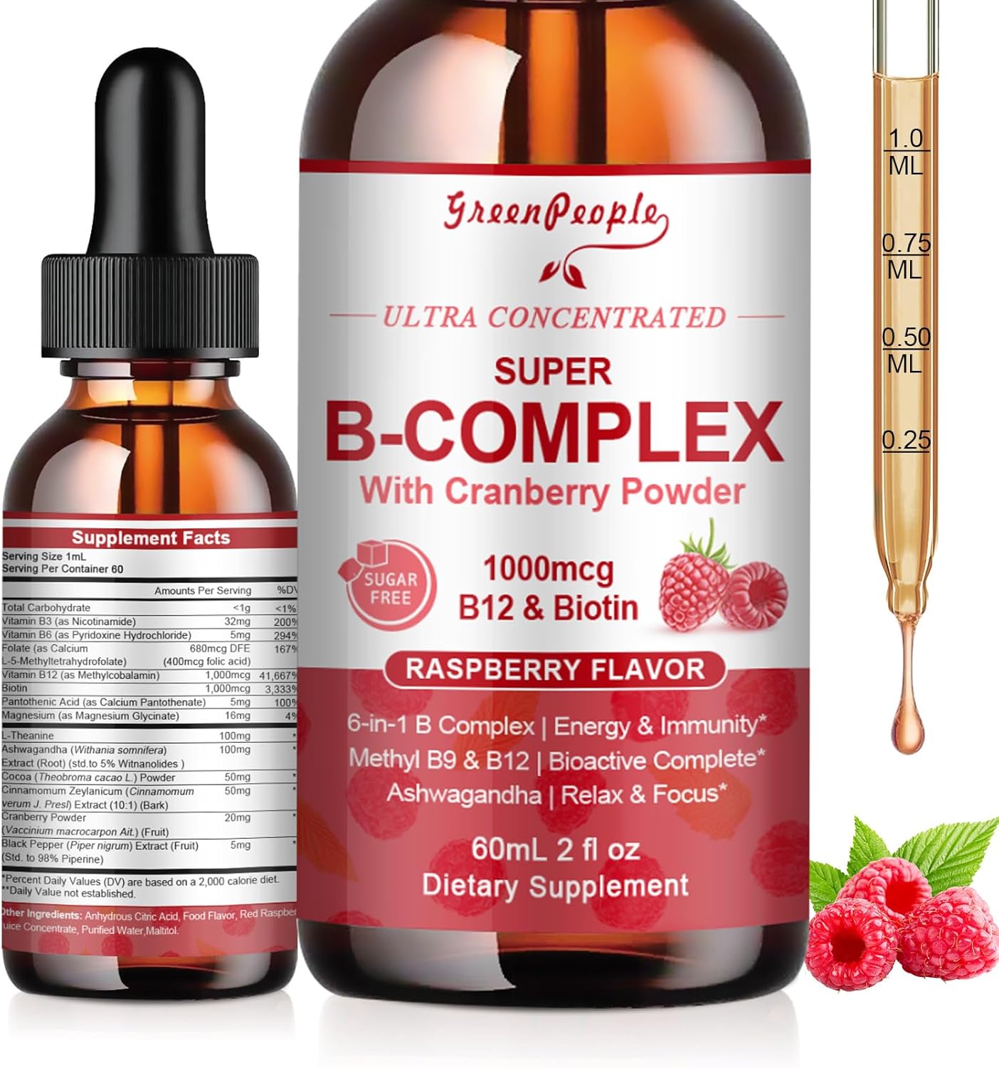 Super B Complex Liquid | B12 Methylcobalamin + Methyl Folate | B Vitamins Complex Liquid Drops with B3,B5,B6,B7, Ashwagandha & L-Theanine for Energy, Focus & Immunity, Vegan, 2fl Oz