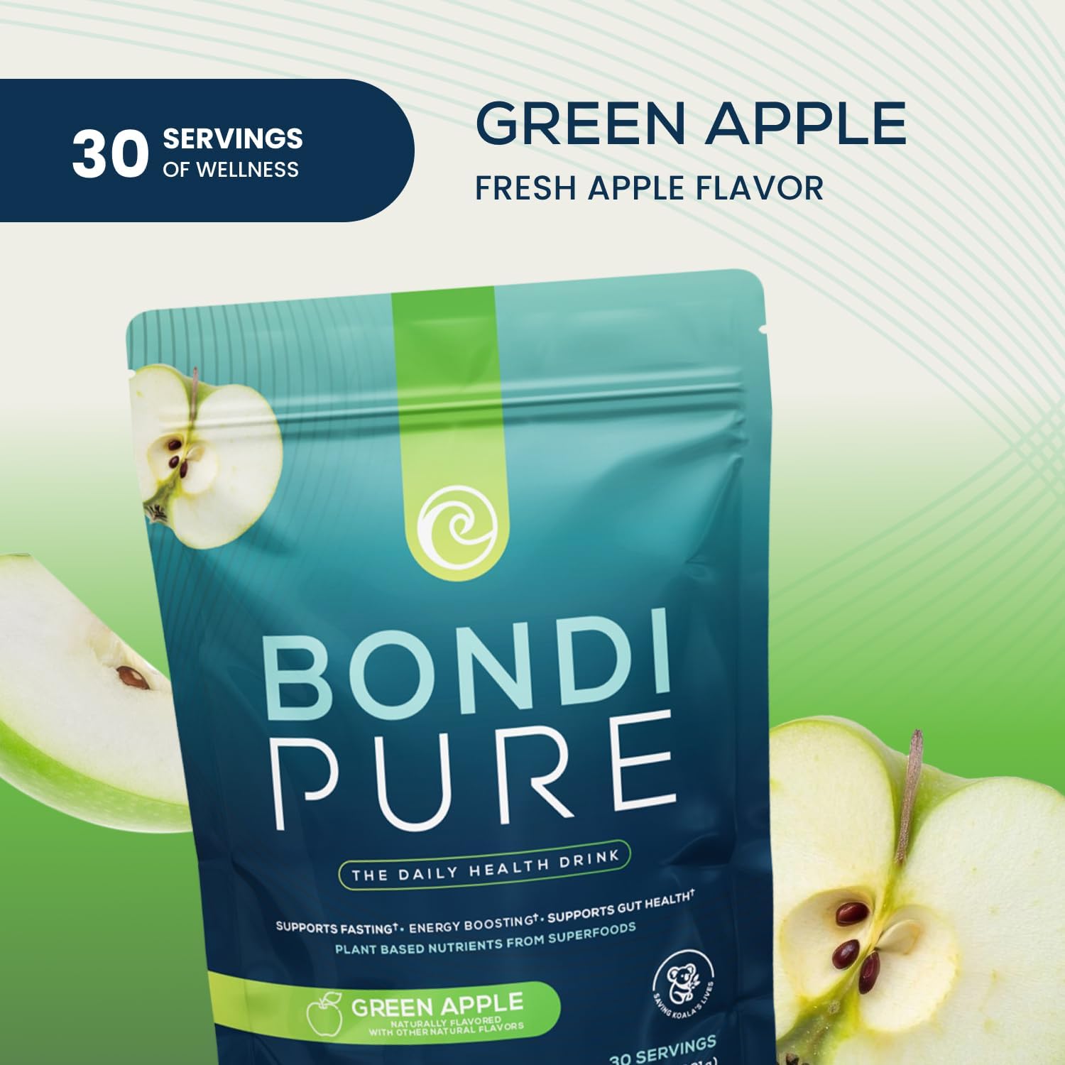 Bondi Pure - Daily Health & Detox Drink - Promote Gut Health & Energy Support During a Cleanse or Intermittent Fasting - Plant-Based Fibers, Alkalizing Super Greens - Green Apple (3-Pack)